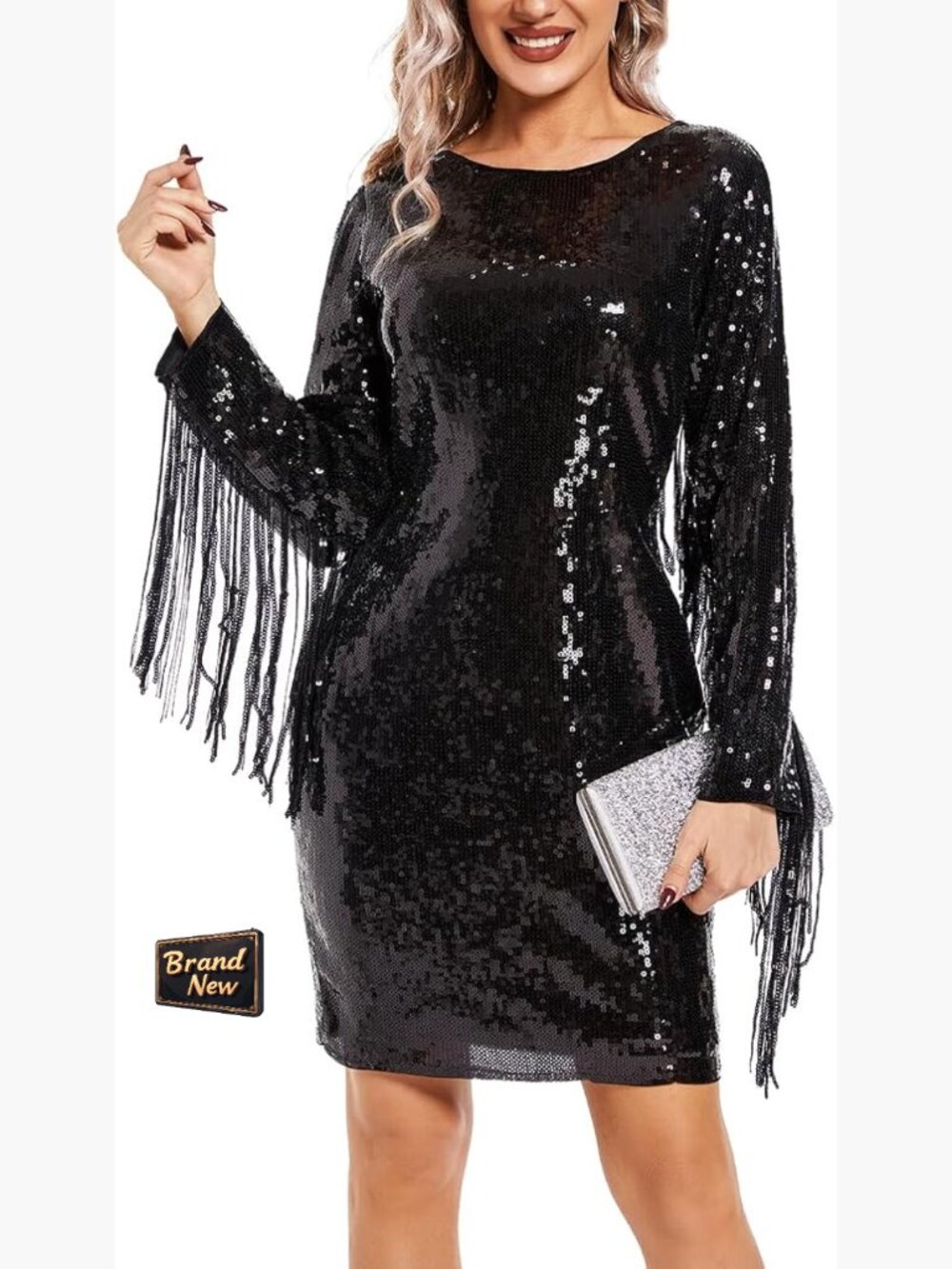 Sequin Bodycon Fringe Mini Dress Long Sleeve Club Party
